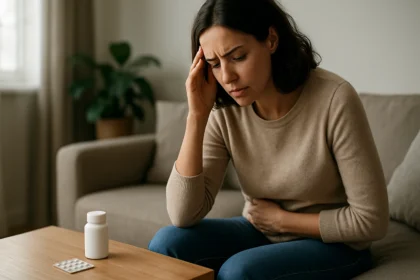 Žena s bolesťami brucha a bolesťou hlavy, symbolizujúca hormonálnu nerovnováhu.