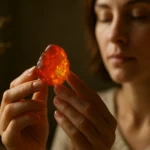 Žena skúma ohnivý opál, kameň s liečivými účinkami.