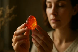 Žena skúma ohnivý opál, kameň s liečivými účinkami.