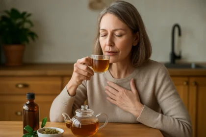 Osoba vychutnávajúca si čaj z jablčníka, prírodný liek na zdravie.