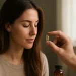 Žena sa pripravuje na užitie biotínu pre podporu rastu vlasov.