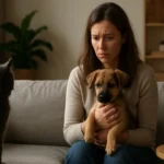 Žena s psíkom sedí na pohovke s vážnym výrazom.