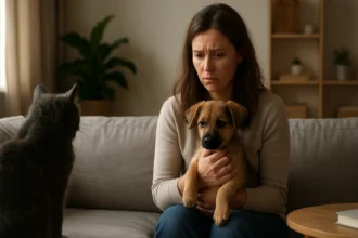 Žena s psíkom sedí na pohovke s vážnym výrazom.