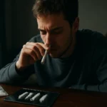 Mladý muž používajúci kryštálovú drogu s vážnym pohľadom.