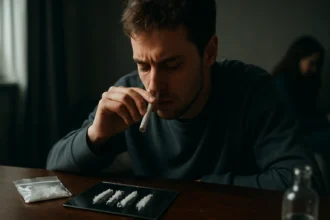 Mladý muž používajúci kryštálovú drogu s vážnym pohľadom.