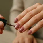 Nanášanie gél laku na nechty s neutrálnym odtieňom.