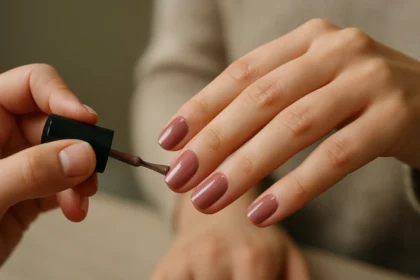 Nanášanie gél laku na nechty s neutrálnym odtieňom.