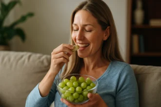 Žena si vychutnáva čerstvé hrozno v obývacej izbe