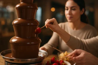 Osoba vychutnáva čokoládu z čokoládovej fontány s jahodami.