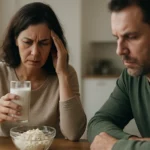 Žena s mliekom a muž v pozadí, vyjadrujúci obavy o zdravie.