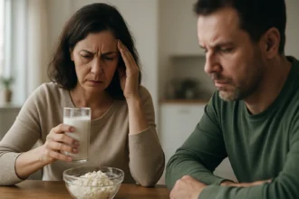 Žena s mliekom a muž v pozadí, vyjadrujúci obavy o zdravie.