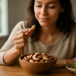 Žena si užíva brazílske orechy v miske so zeleninou