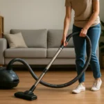 Žena vysáva podlahu s ručným vysávačom v obývacej izbe.
