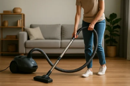 Žena vysáva podlahu s ručným vysávačom v obývacej izbe.