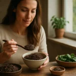 Žena s divej ryžou a zeleninou na stole v slnečnej kuchyni