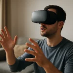 Muž nosí VR okuliare a interaguje s virtuálnym prostredím