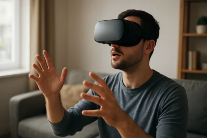 Muž nosí VR okuliare a interaguje s virtuálnym prostredím