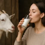 Žena pijúca kozie mlieko s kozou v pozadí