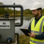 Technik kontroluje odlučovač oleja pri rieke, opatrenia na ochranu životného prostredia.