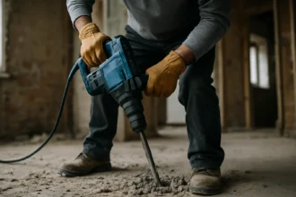 Pracovník používa pneumatické vŕtacie kladivo na vŕtanie.