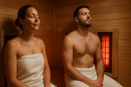 Dve osoby relaxujúce v infrasaune s príjemným osvetlením