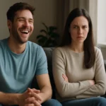 Pár na gauči: muž sa smeje, žena vyzerá nahnevane