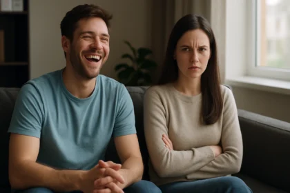 Pár na gauči: muž sa smeje, žena vyzerá nahnevane