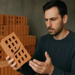 Muž skúma silikátovú tehlu s prasklinou v stavebných materiáloch.