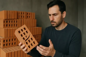 Muž skúma silikátovú tehlu s prasklinou v stavebných materiáloch.