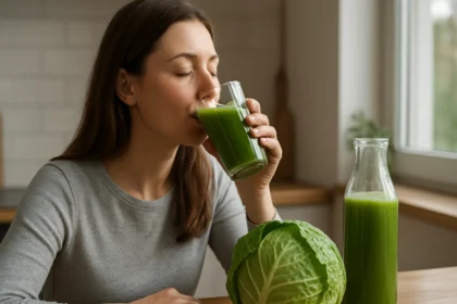 Mladá žena vychutnáva kapustovú šťavu z pohára.