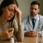 Žena s bolesťou hlavy a tabletou v prítomnosti lekára