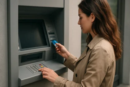 Žena používa bankomat na výber hotovosti bezpečne a diskrétne.