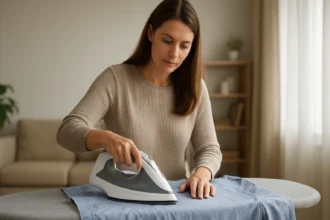 Žena používa bezdrôtovú žehličku na žehlenie košele.