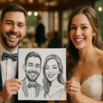 Svadobný pár s veselou karikatúrou počas svadobnej oslavy.
