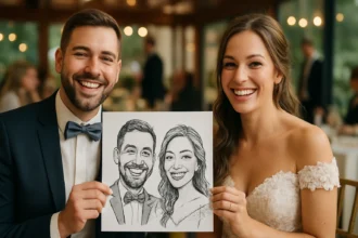 Svadobný pár s veselou karikatúrou počas svadobnej oslavy.