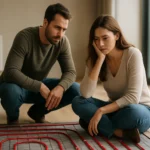 Pár skúma podlahové kúrenie v interiéri.