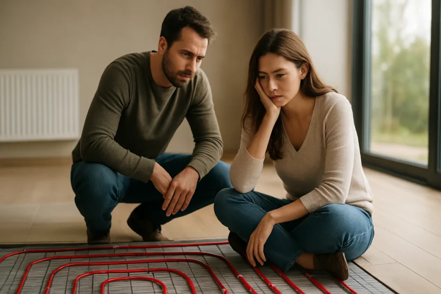 Pár skúma podlahové kúrenie v interiéri.