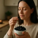 Žena vychutnáva čierne ríbezle z misky v kuchyni.