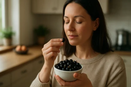 Žena vychutnáva čierne ríbezle z misky v kuchyni.