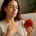 Žena s vanadinitovým kameňom v ruke, medituje a hľadá vnútornú rovnováhu.