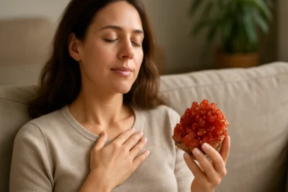 Žena s vanadinitovým kameňom v ruke, medituje a hľadá vnútornú rovnováhu.
