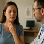Žena sa sťažuje na problémy so zdravím počas návštevy lekára
