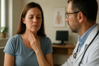 Žena sa sťažuje na problémy so zdravím počas návštevy lekára