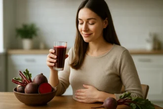 Žena si vychutnáva cviklovo šťavu pri stole s cviklou.