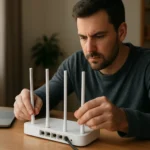 Muž nastavuje Wi-Fi router s anténami na stole