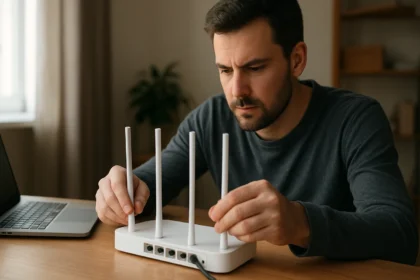 Muž nastavuje Wi-Fi router s anténami na stole