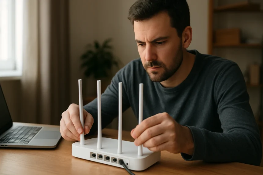 Muž nastavuje Wi-Fi router s anténami na stole