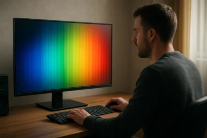 Muž používa LED monitor s farebným gradientom