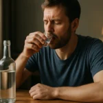 Muž degustuje pálenku z pohára vedľa fľaše na stole