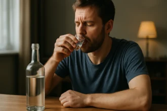 Muž degustuje pálenku z pohára vedľa fľaše na stole